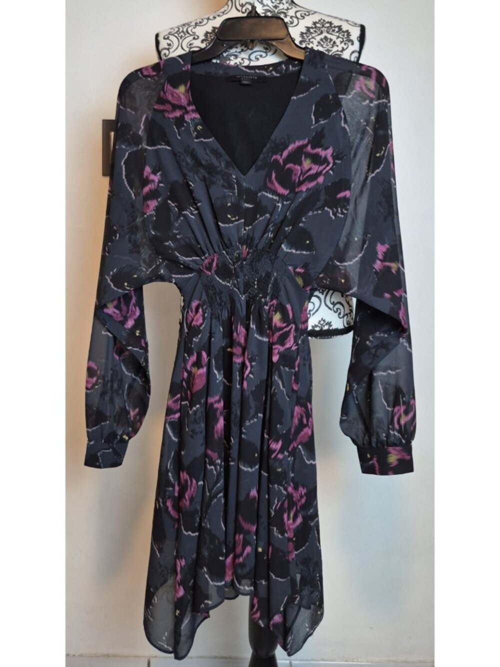 AllSaints Womens XS Ikat Floral Dress Smocked Waist Long Sleeve Black Pink